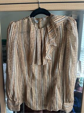 Women's 100% silk Beige Patterned Ruffle Neck Blouse